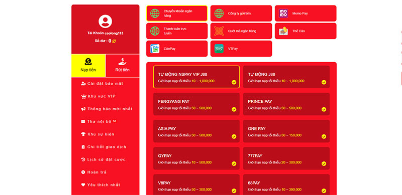 Điền thông tin nạp tiền trên hệ thống J88